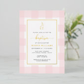 Bunny Pink Gingham Taufen Gold Einladung (Stehend vorne)