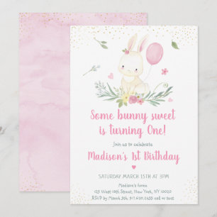 Bunny Pink Gold Floral Girl Geburtstag Einladung