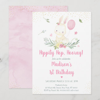 Bunny Pink Gold Floral Girl Zum Geburtstag Einladu Einladung