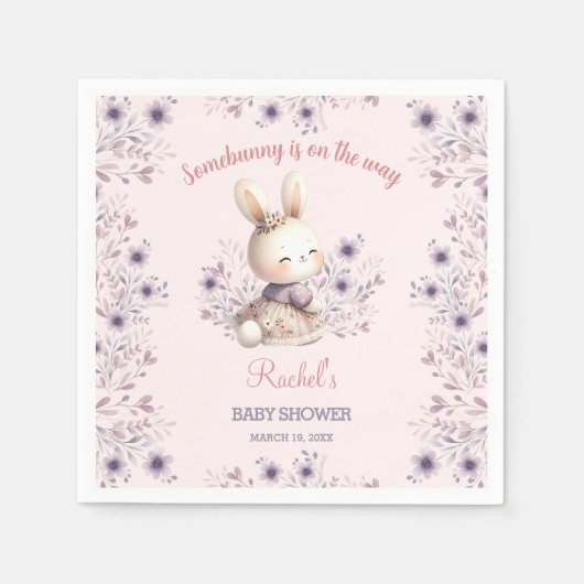 Bunny Pink Lila Floral Spring Girl Babydusche Serviette (Vorderseite)