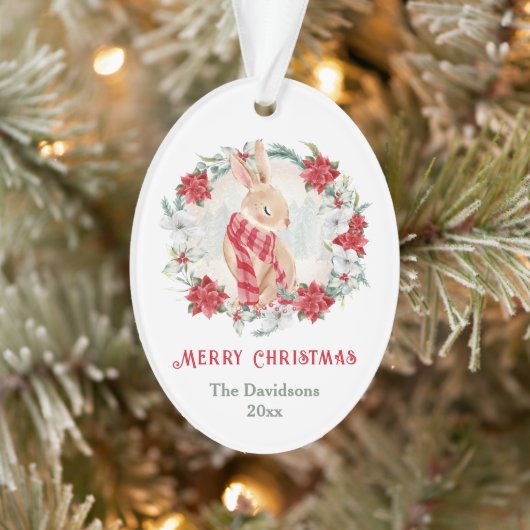 Bunny Poinsettia Watercolor Familienname Weihnacht Ornament (Baum)