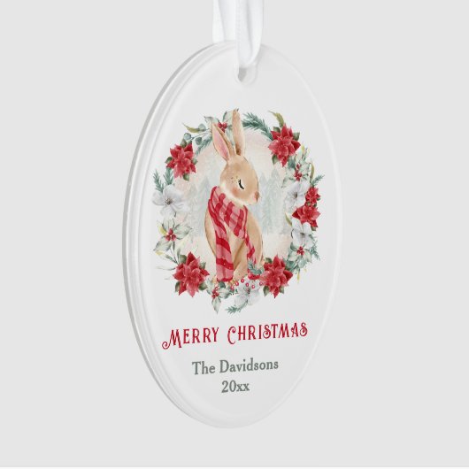 Bunny Poinsettia Watercolor Familienname Weihnacht Ornament (Vorderseite)