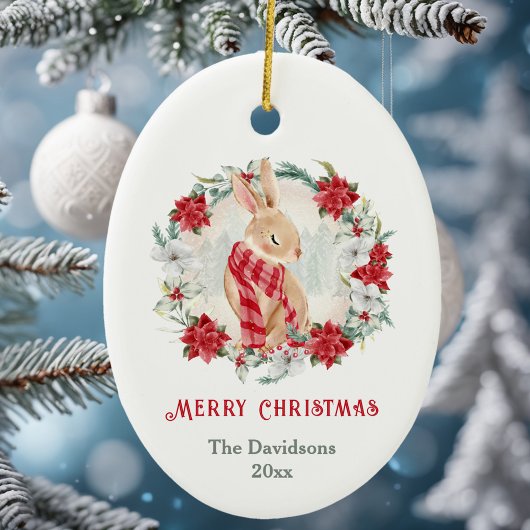Bunny Poinsettia Watercolor Name Weihnachten Keramik Ornament