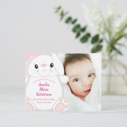 Bunny Rabbit Baby Dusche Pink Postkarte (Stehend Vorderseite)