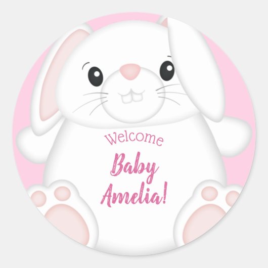 Bunny Rabbit Baby Dusche Pink Runder Aufkleber (Vorderseite)