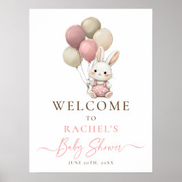 Bunny Rabbit Balloon Pink Baby Girl Dusche Willkom Poster