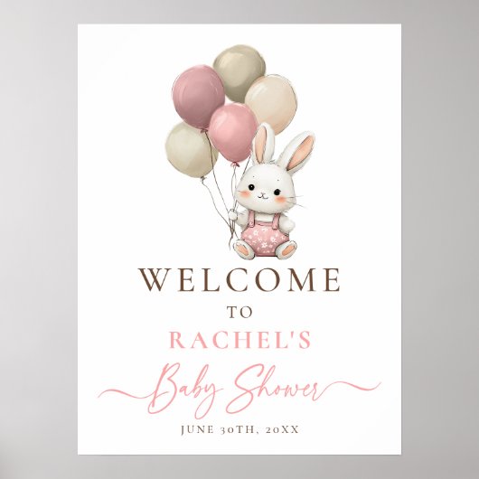 Bunny Rabbit Balloon Pink Baby Girl Dusche Willkom Poster (Vorne)
