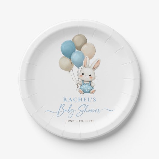 Bunny Rabbit Balloons Blue Baby Boy Dusche Pappteller (Vorderseite)