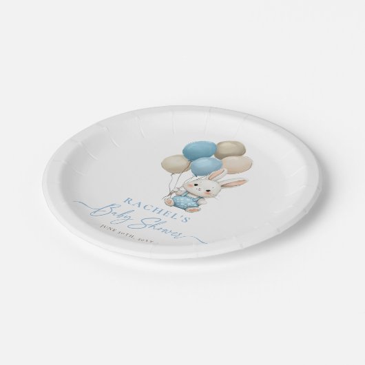 Bunny Rabbit Balloons Blue Baby Boy Dusche Pappteller (Schrägansicht)