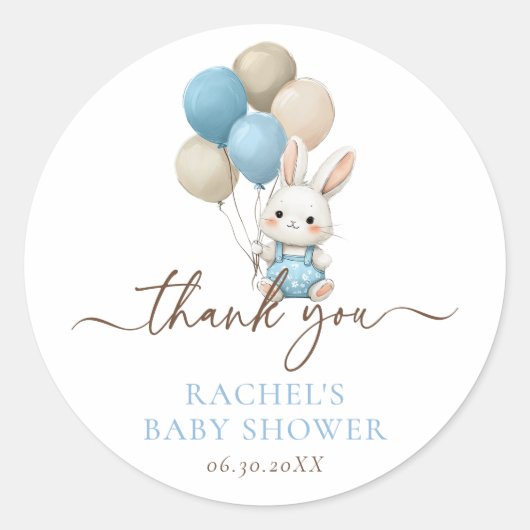 Bunny Rabbit Balloons | Blue Baby Boy Dusche Runder Aufkleber (Vorderseite)