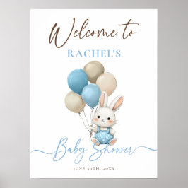 Bunny Rabbit Balloons Blue Baby Dusche Willkommen Poster