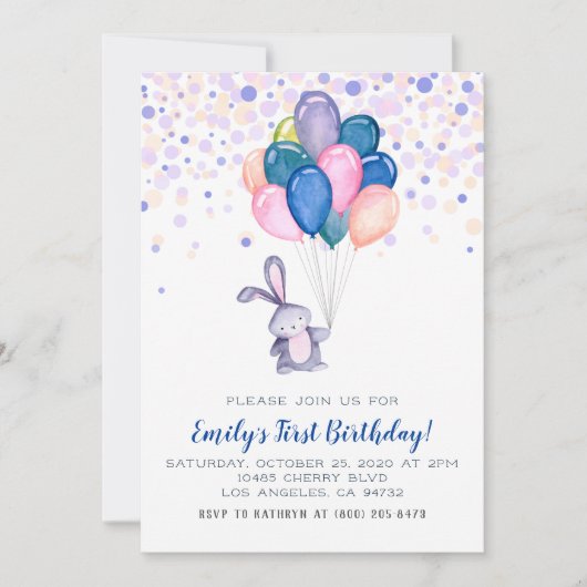 Bunny Rabbit Balloons Einladung zum Geburtstag (Vorderseite)