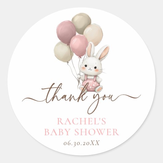 Bunny Rabbit Balloons | Pink Baby Girl Dusche Runder Aufkleber (Vorderseite)