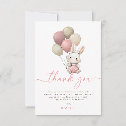 Bunny Rabbit Balloons Pink Girl Baby Dusche Dankeskarte (Vorderseite)
