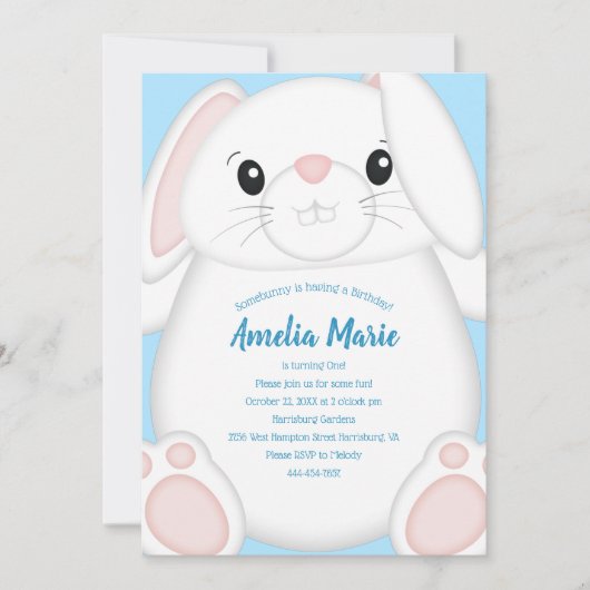 Bunny Rabbit Birthday Party Blue Einladung (Vorderseite)