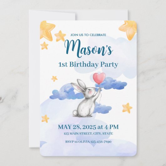 Bunny Rabbit Birthday Party Einladung Boys Girls (Vorderseite)