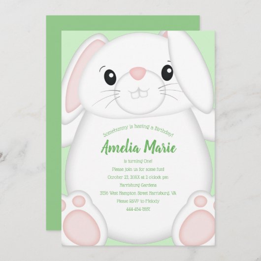 Bunny Rabbit Birthday Party Grün Einladung (Vorne/Hinten)