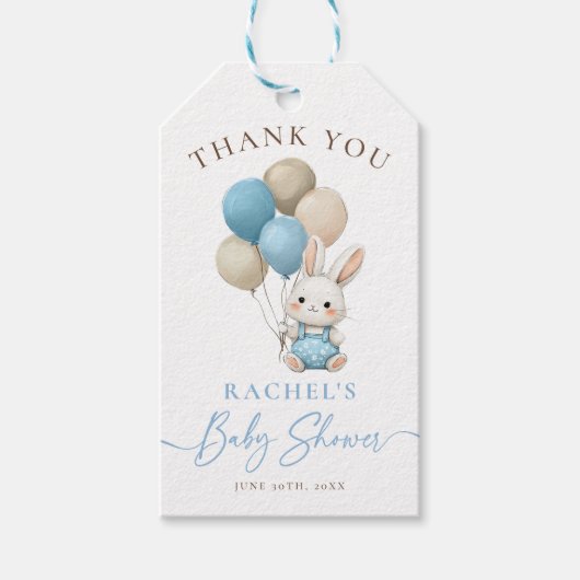Bunny Rabbit Blue Balloons Boy Baby Dusche Geschenkanhänger (Vorderseite)