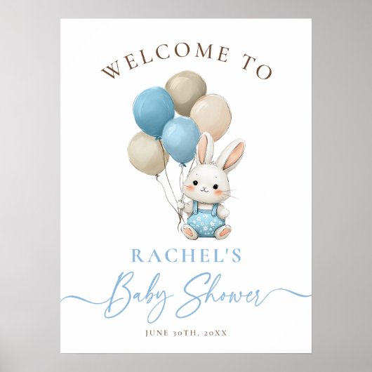Bunny Rabbit Blue Balloons Boy Baby Dusche Willkom Poster (Vorne)