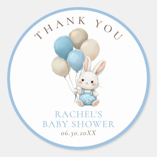 Bunny Rabbit Blue Balloons | Jungen Babyparty Runder Aufkleber (Vorderseite)