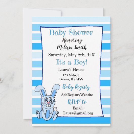 Bunny Rabbit Blue Boy Baby Shower Einladungen (Vorderseite)