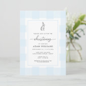 Bunny Rabbit Blue Gingham Christening Einladung (Stehend Vorderseite)