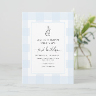 Bunny Rabbit Blue Gingham Einladung zum 1. Geburts