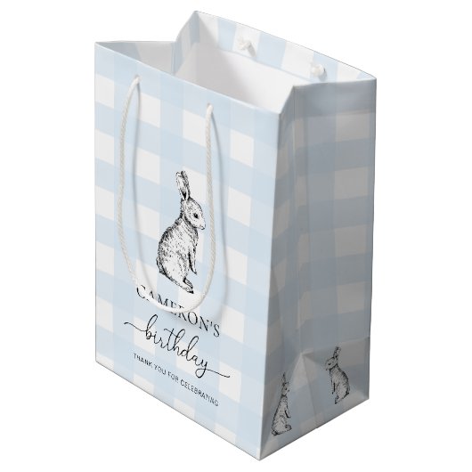 Bunny Rabbit Blue Gingham Favor Bag Mittlere Geschenktüte (Rückseite Schrägansicht)