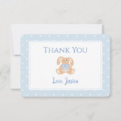 Bunny Rabbit Blue White Polka Dots Boy Baby Dusche Dankeskarte (Vorderseite)