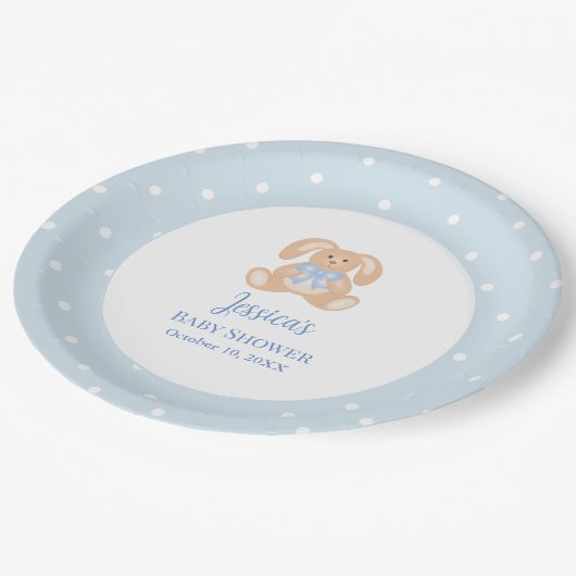 Bunny Rabbit Classic Polka Dots Boy Baby Dusche Pappteller (Schrägansicht)