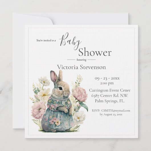 Bunny Rabbit Floral Baby Girl Dusche Einladung (Vorderseite)