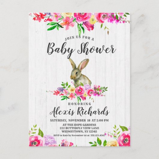 Bunny Rabbit Floral Baby Girl Dusche Einladung (Vorderseite)