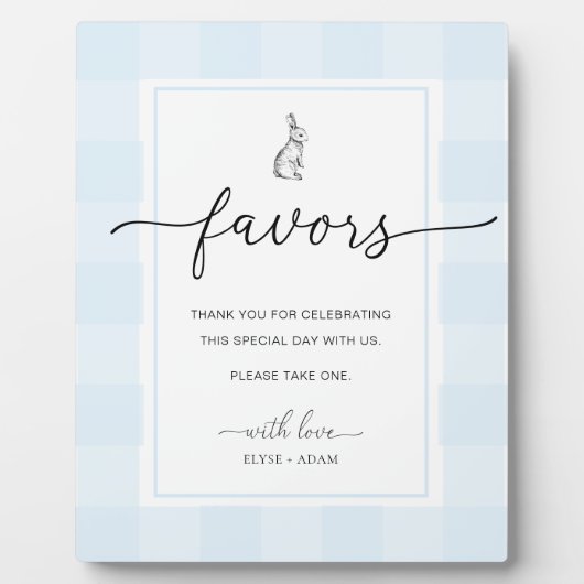 Bunny Rabbit Gingham Blue Gingham Favors Sign Fotoplatte (Vorderseite)
