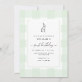 Bunny Rabbit Green Gingham Einladung zum 1. Geburt (Vorderseite)