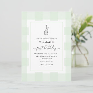 Bunny Rabbit Green Gingham Einladung zum 1. Geburt