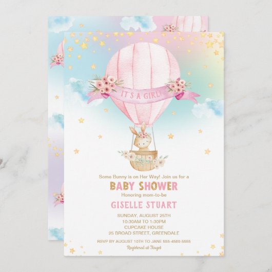 Bunny Rabbit Hot Air Balloon Baby Shower Girl Einladung (Vorne/Hinten)