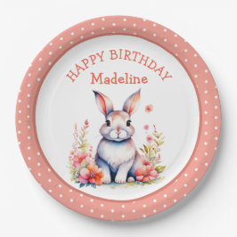 Bunny Rabbit in Blume Happy Birthday Personalize Pappteller