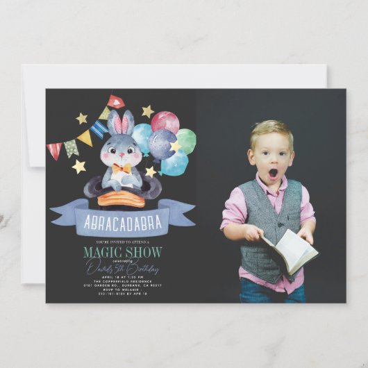 Bunny Rabbit Magic Show Blk Boy Birthday Foto Einladung (Vorderseite)