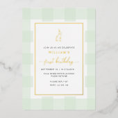 Bunny Rabbit Mint Gingham Birthday Foil Einladung (Vorderseite)
