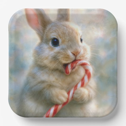 Bunny Rabbit Nibbling On a Candy Cane Pappteller (Vorderseite)