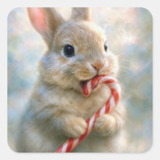 Bunny Rabbit Nibbling On a Candy Cane Quadratischer Aufkleber (Vorderseite)