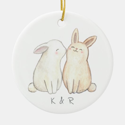Bunny Rabbit Niedlich Couple Erste Weihnacht zusam Keramik Ornament (Vorne)
