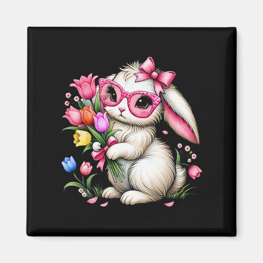 Bunny Rabbit Oaster Tulip Frühlingsblumen Floral W Magnet (Vorne)