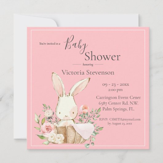 Bunny Rabbit Pink Baby Dusche Einladung (Vorderseite)