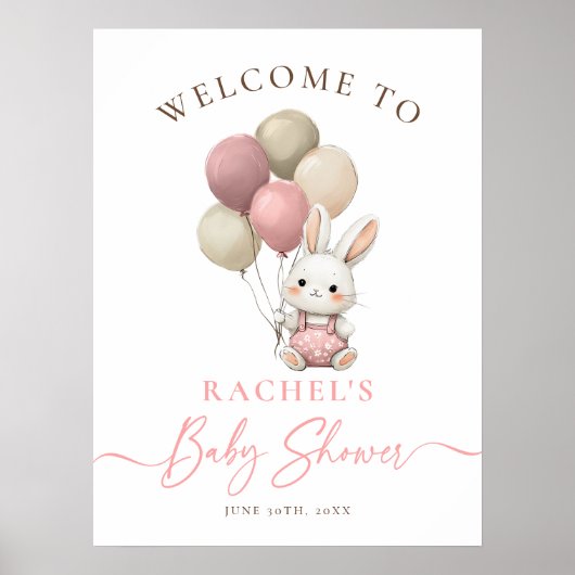 Bunny Rabbit Pink Balloon Girl Baby Dusche Willkom Poster (Vorne)