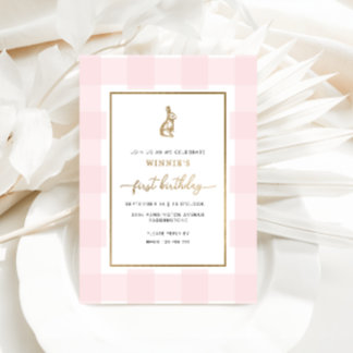 Bunny Rabbit Pink Gingham Birthday Foil Einladung