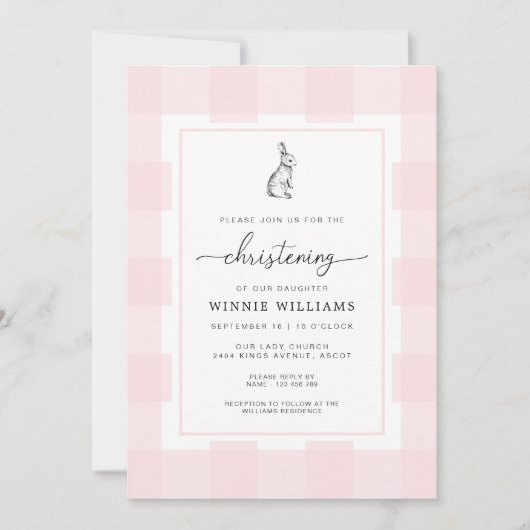 Bunny Rabbit Pink Gingham Christening Einladung (Vorderseite)