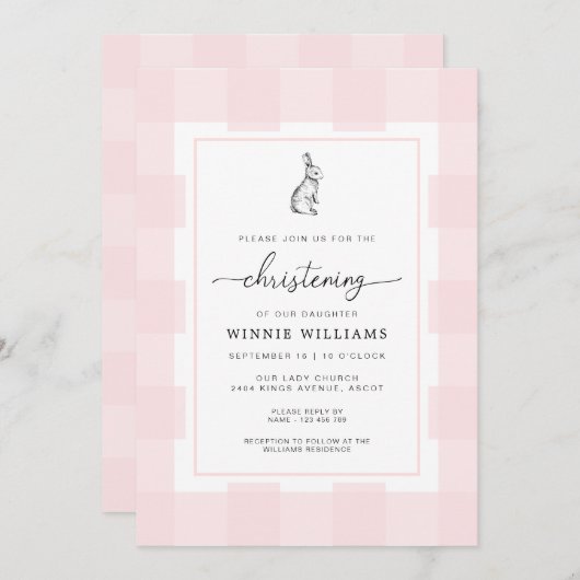 Bunny Rabbit Pink Gingham Christening Einladung (Vorne/Hinten)