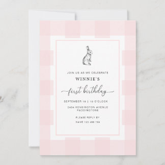 Bunny Rabbit Pink Gingham Einladung zum 1. Geburts