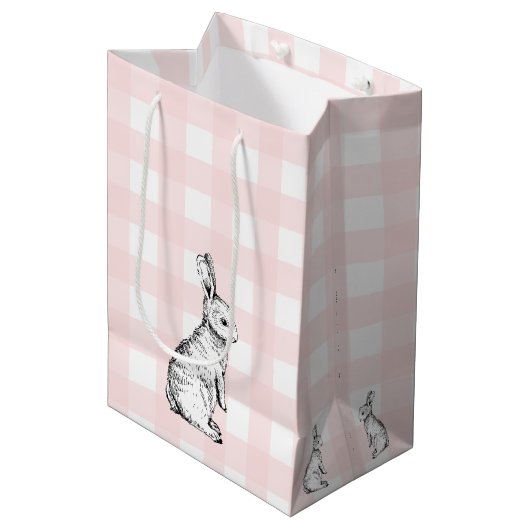 Bunny Rabbit Pink Gingham Gift Bag Mittlere Geschenktüte (Vorderseite Schrägansicht)